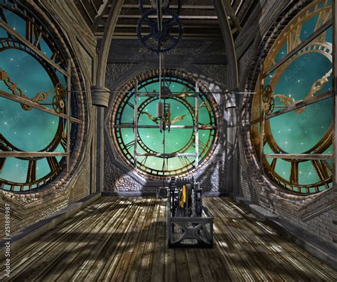 Clock tower interior in a steampunk style - 3D illustration Stock ...