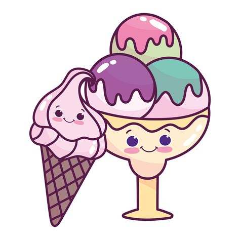 cute food ice cream scoops and cone sweet dessert pastry cartoon ...