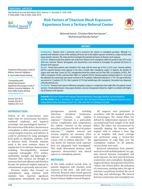 (PDF) Risk Factors of Titanium Mesh Exposure: Experience from a ...