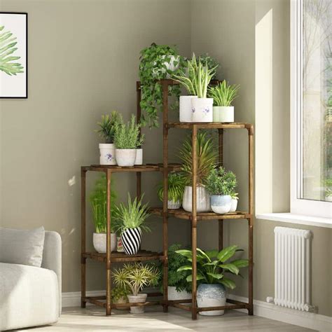 7 Tiers Wooden Corner Plant Shelf Indoor Outdoor Plant Shelf, Corner ...