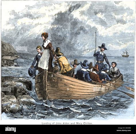 Pilgrims John Alden and Mary Chilton landing at Plymouth from the ship ...