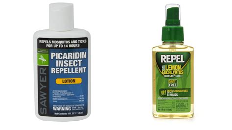 two bottles of insect repellent and a bottle of deodorant on a white ...