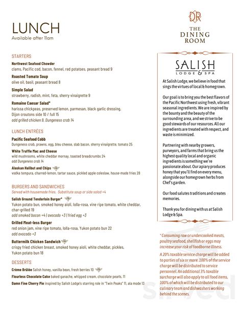 The Attic at Salish Lodge menu in Snoqualmie, Washington, USA