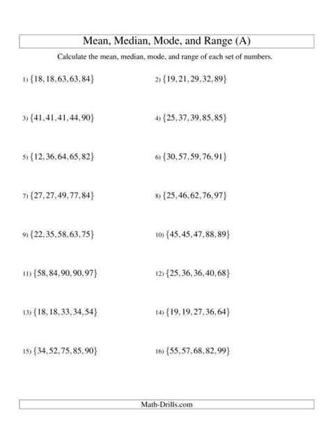 Mean, Median, Mode and Range -- Sorted Sets (Sets of 5 from 10 to 99) (A)