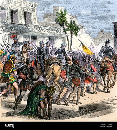 Hernando Cortes marches out of Aztec Tenochtitlan to battle the army of ...