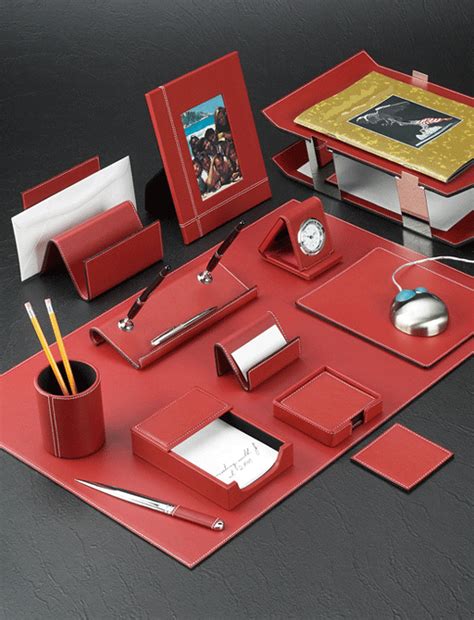 Red Stitched Leather Desk Accessories Set