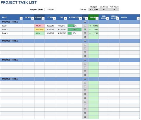 Project List Template Printable