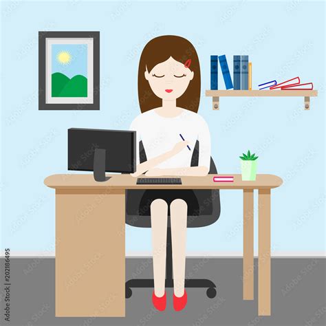 Woman at work character in cartoon style. The office worker sits at the ...