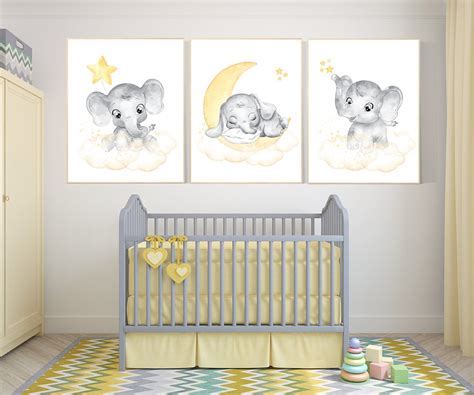 Yellow nursery wall art, nursery wall art elephant, moon and stars ...