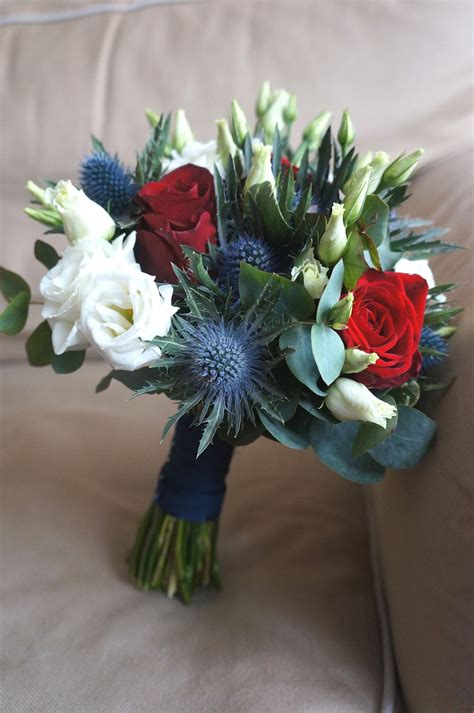 Blue white red bridal bouquet - Lisianthus, roses and thistles - | Blue ...