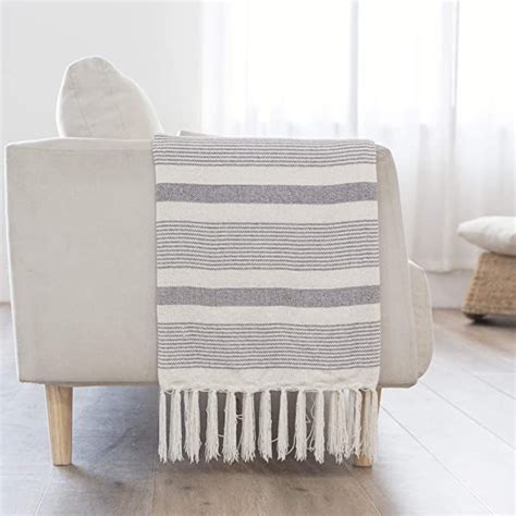 Decorative Grey Ivory Striped Throw with Fringe, Soft Chenille Knitted ...