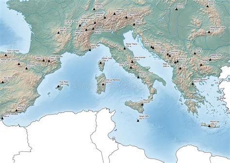 Map of South Europe Continent Illustration with Mountain Peaks Stock ...