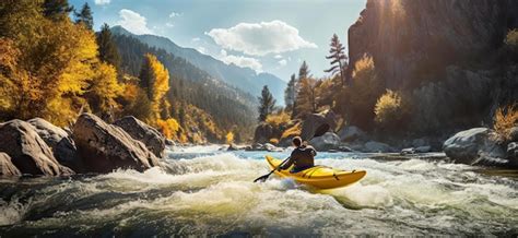 Premium Photo | A person in a yellow kayak going down the rapids on a ...