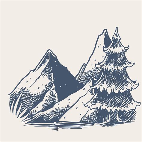 Sketch of Mountain with big pine tree. Hand drawn vector landscape ...