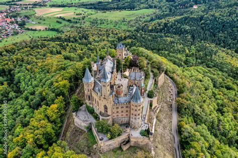 Aerial panorama of Burg Hohenzollern (Hohenzollern castle) with hills ...