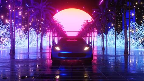 Premium Photo | Car and city in neon style. 80s retro wave background ...