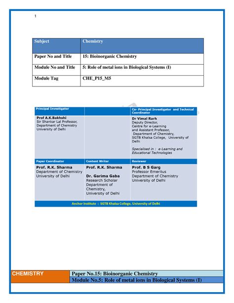 Bioinorganic chemistry - CHEMISTRY Paper No: Bioinorganic Chemistry ...