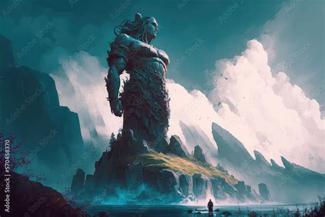 illustration painting of Fantasy art landscape with giant statue ...