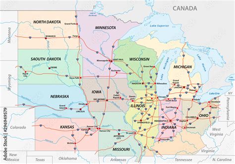 Road map of the Midwest United States of America Stock Vector | Adobe Stock