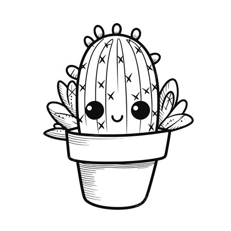 Cute Kawaii Cactus Coloring Page Black White Outline Sketch Drawing ...