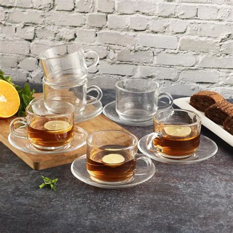 Clear Glass Standard Tea Cups With Saucers Set Of 6 (150 ml) - WallMantra