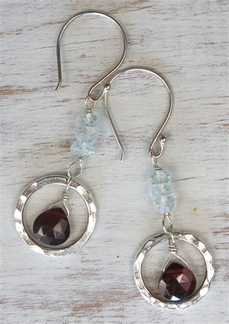 Handmade rhodolite garnet and aquamarine earrings | Handmade Jewelry