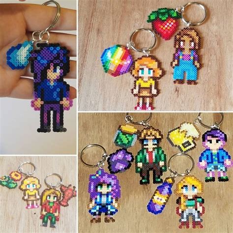 four different pixel keychains are shown in three different pictures ...