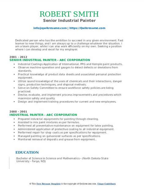 Industrial Painter Resume Samples | QwikResume