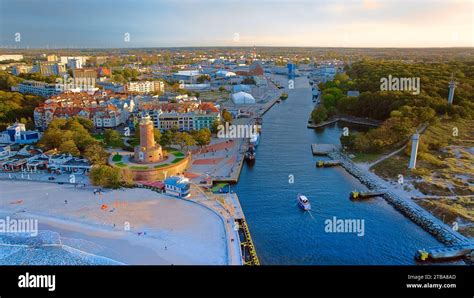 Port and lighthouse in Kołobrzeg, Poland. Photo taken with a drone at ...