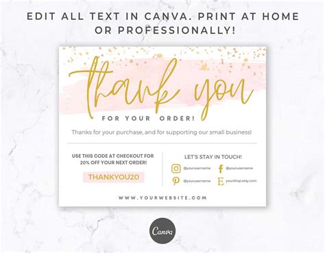 Editable Printable Thank You Card Template for Canva - Pink Watercolor