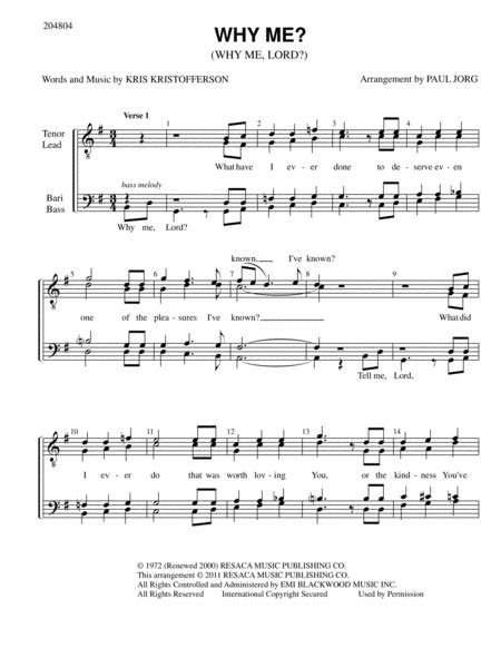 Why Me? (Why Me, Lord?) Sheet Music | Cristy Lane | TTBB Choir