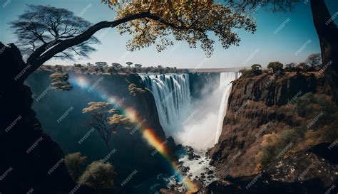 Premium Photo | A rainbow over a waterfall with a rainbow in the sky