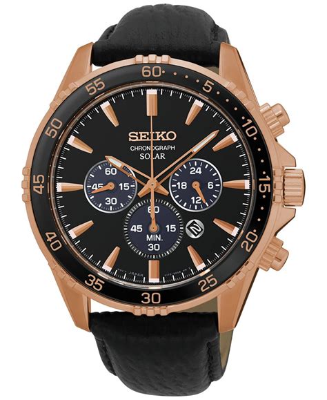 Seiko Men's Solar Chronograph Black Leather Strap Watch 44mm Ssc448 in ...