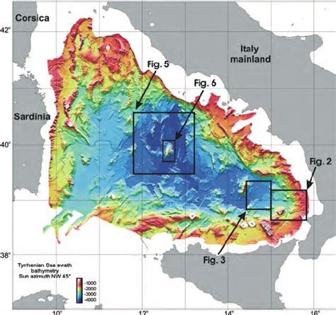 Colour-shaded bathymetric map of the Tyrrhenian Sea. The areas targeted ...