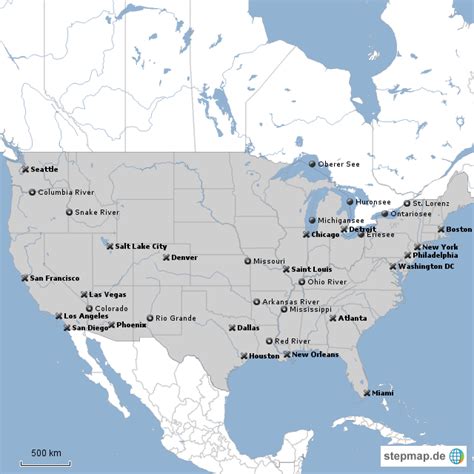 StepMap - USA - Städte, Flüsse und Seen - Landkarte für USA