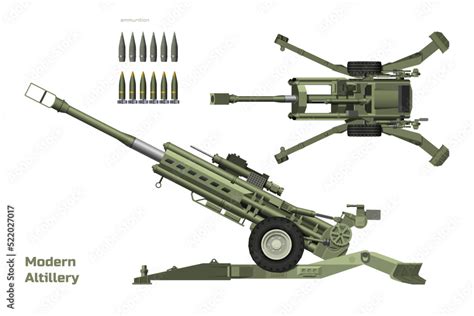 Modern artillery. Isolated 3d cannon. Top, side view of military weapon ...