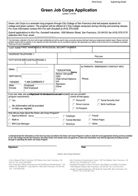 Fillable Green Job Corps Application printable pdf download