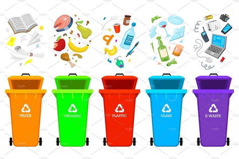 Recycling garbage elements. Bag or containers or cans for different ...