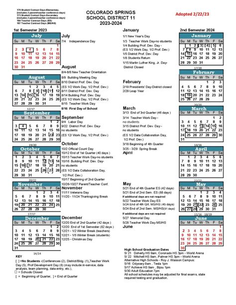 Colorado Springs School District 11 Calendar 2023-2024