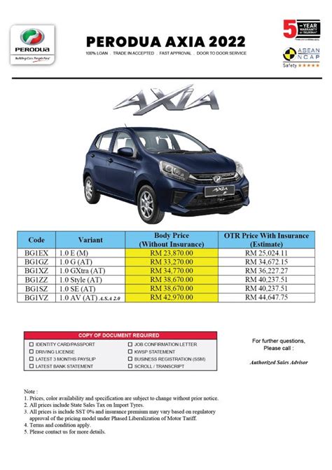 New Axia Price 2022 - Sales Advisor