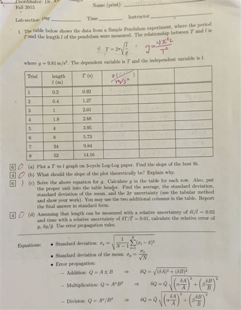 The Table Below Shows The Data From A Simple Pendu... | Chegg.com