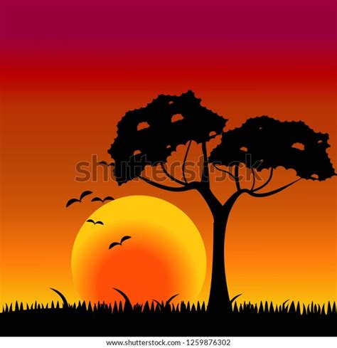 Drawing Sunset Tree Bird Grass Design Stock Vector (Royalty Free ...