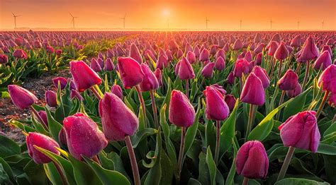 Tulips field, tulips, sun, sunset, sunrise, rays, morning, glow ...