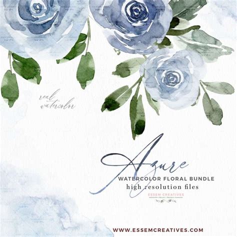 Azure Blue Watercolor Flowers Clipart, Pale Dusty Blue Graphics ...