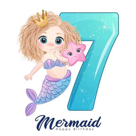 Cute mermaid with number 7 digital clipart