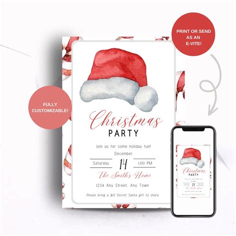 EDITABLE Christmas Party Invitation, Santa Hat Invitation, Digital or ...