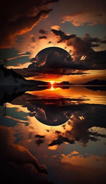 A sunset over a lake with a large black sun in the sky. | Premium AI ...