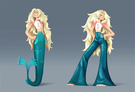 a cartoon mermaid with long blonde hair and blue pants, standing next ...