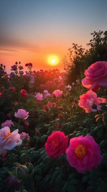 Premium AI Image | A sunset with a field of roses