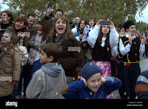 Thessaloniki, Greece. Spectators watch a military air show. display ...